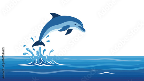 Blue and white dolphin leaps gracefully out of the ocean water creating a splash against a plain white sky background.