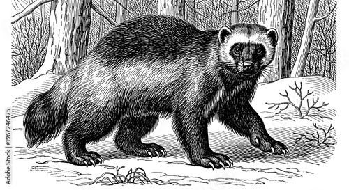 A detailed black and white illustration of a ferret badger