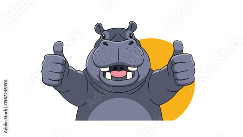 Friendly grey hippo gives a double thumbs up with a big happy smile in front of a warm yellow circle on a white background.