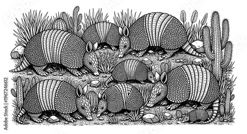 Detailed illustration of armadillos in their natural desert habitat