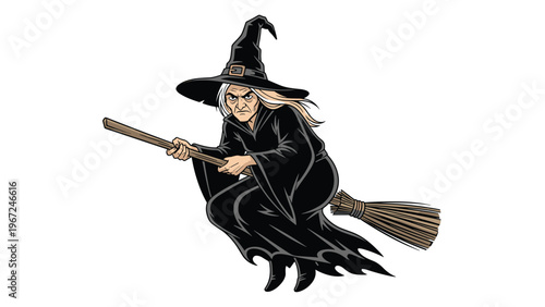 Spooky old witch in a black dress and hat flies through the air on a magical wooden broomstick in this halloween design.