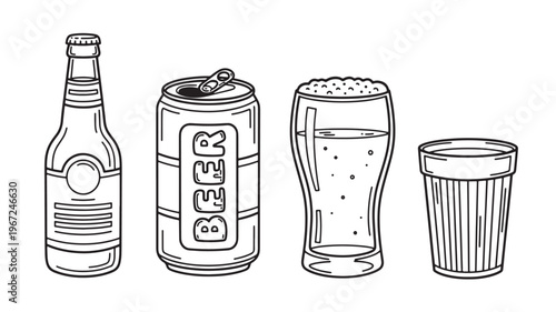 Beverage set featuring a beer bottle, open can, foamy glass, and drinking glass in a simple line art style.