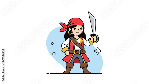 Brave young pirate girl in a red bandana and captain coat stands confidently with her sword raised in a fun cartoon style.