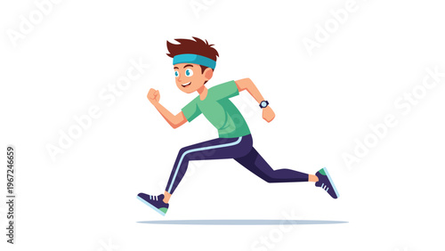 Active young boy in a green shirt and blue leggings runs quickly while wearing a headband and watch on a white background.