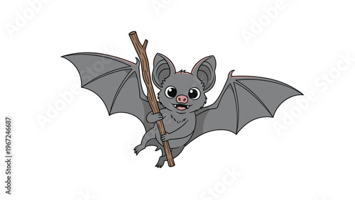 Friendly grey bat with large wings flies through the air while holding a wooden stick in its claws in a cute cartoon style.
