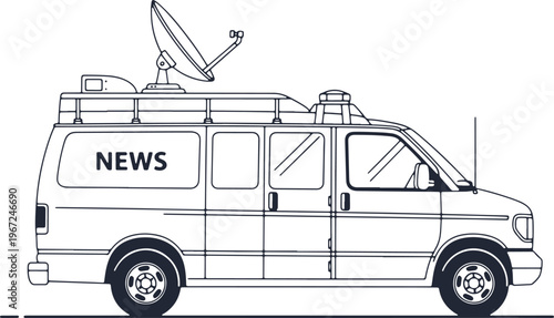 A black and white line drawing of a news van with a satellite dish on its roof for broadcasting.