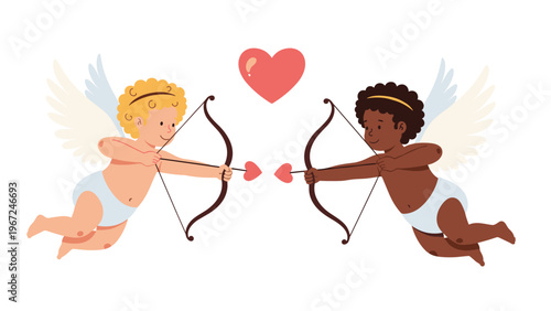 Two cute cupids, one with blonde hair and one with black hair, aim their love arrows at a large red heart in the center.