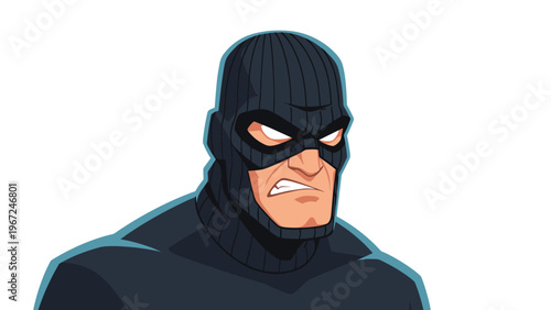 Gritty illustration of a muscular man wearing a black balaclava mask looking angry and intense with his teeth bared in a comic art style.