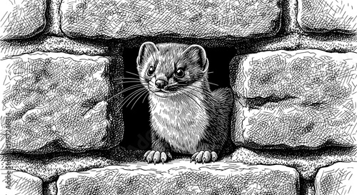 A Weasel Peeking Out from a Hole in the Wall