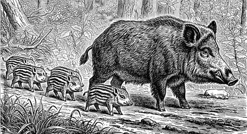 A Wild Boar and Her Piglets in Their Natural Habitat