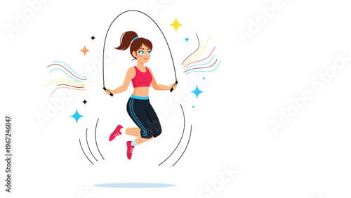 Active young woman with a ponytail exercises by jumping rope with colorful energy lines and stars around her in a dynamic fitness illustration.