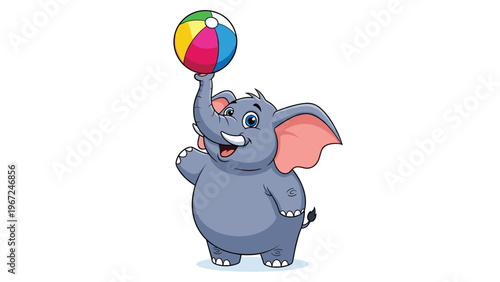 Playful blue elephant balances a colorful beach ball on the tip of its trunk while waving happily in a charming cartoon illustration for kids.