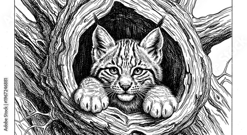 A detailed black and white drawing of a kitten in a tree hole