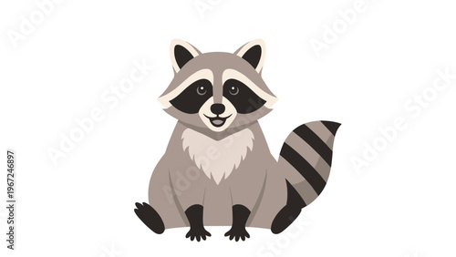 Cute grey and black raccoon sits with its striped tail visible and a friendly expression on its face in a simple clean character illustration.