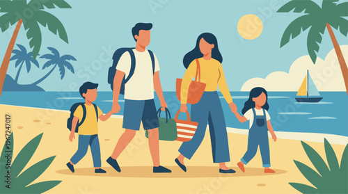 Happy family walking on tropical beach during summer vacation