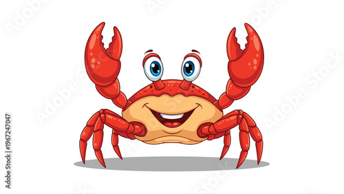Cheerful red crab with big blue eyes and a wide smile raises its claws in a friendly greeting in a bright beach themed cartoon character.