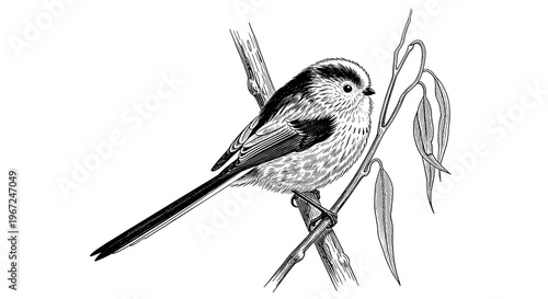 A detailed black and white drawing of a small bird