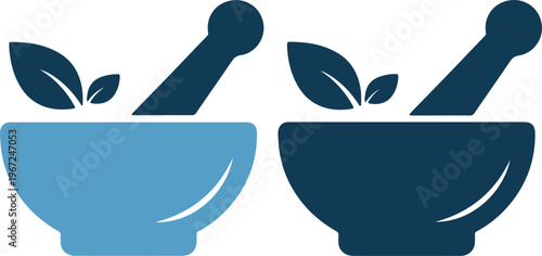 Blue mortar and pestle icons with leaves