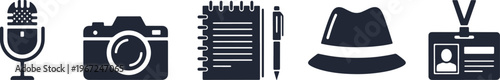 Set of black icons representing journalism and reporting tools such as a camera and microphone