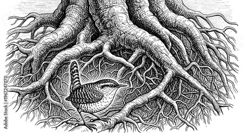 A detailed illustration of a bird on tree roots
