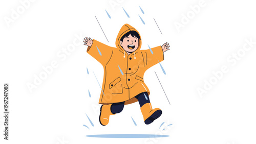 Happy young boy wearing a yellow raincoat and boots runs playfully through the rain and jumps in puddles in a fun weather illustration.