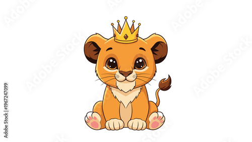 Adorable baby lion cub wearing a golden crown sits calmly with a regal yet sweet expression in a charming nursery art illustration.