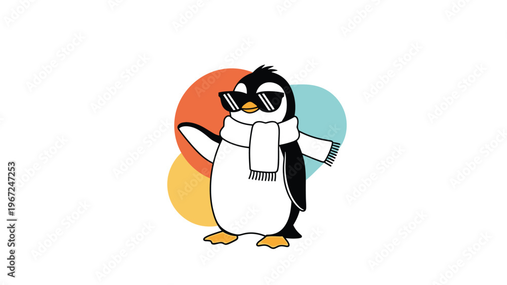 Fototapeta premium Cool cartoon penguin wearing dark sunglasses and a cozy white scarf, posing playfully against a vibrant and modern backdrop.