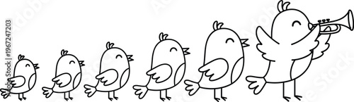 Cartoon Bird Icon Set Featuring Different Sizes and a Musical Bird with Trumpet for Fun, Playful, and Animal-Themed Designs