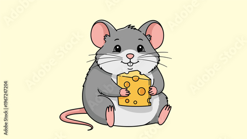Grey mouse sitting comfortably while holding a large piece of yellow swiss cheese, illustrated in a cute and simple cartoon style.