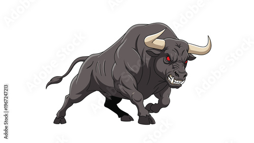 Aggressive black bull charging forward with a powerful stance and glowing red eyes, symbolizing raw strength and untamed energy.