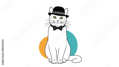 Sophisticated white cat wearing a formal black top hat and matching bow tie, sitting gracefully against colorful abstract backgrounds.
