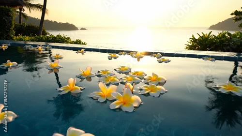 Tropical Paradise Serene Pool with Frangipani Flowers at Sunset.