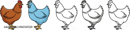 Cartoon Chicken Icon Set Featuring Brown, Blue, White, and Grey Hens for Farm, Poultry, and Animal-Themed Designs
