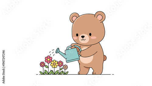 Sweet brown bear cub carefully watering a row of blooming flowers with a light blue watering can in a peaceful garden setting.