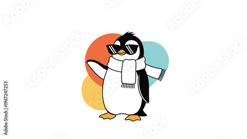 Cool cartoon penguin wearing dark sunglasses and a cozy white scarf, posing playfully against a vibrant and modern backdrop.