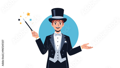 Cheerful male magician in a tuxedo and top hat performs a trick using a magic wand with sparkling stars on a clean background.