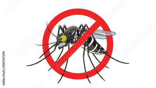 Illustration of a mosquito with a mean expression placed behind a large red forbidden sign to represent effective pest control.