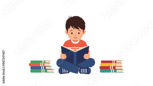 Young student sitting on the floor reading an interesting blue book, surrounded by multiple stacks of colorful school books.