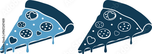 Two slices of pizza in blue colors with melted cheese