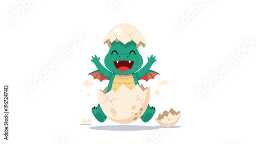 Cute green baby dragon with orange wings hatching from a cracked white egg shell, displaying a very happy and surprised face.