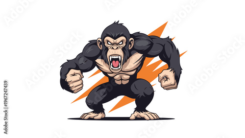 Muscular and angry gorilla roaring with clenched fists in a powerful stance against a vibrant orange and white burst background.