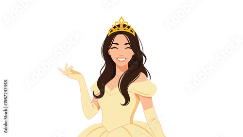 Beautiful princess wearing an elegant yellow ballroom gown and a golden tiara, posing with a gentle and charming expression.