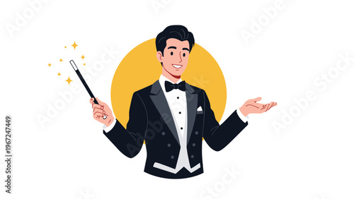 Young male magician in a tuxedo holding a magic wand that emits golden sparkles, shown against a bright yellow circular backdrop.