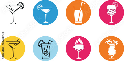 Collection of Cocktail and Beverage Icons Featuring Martini, Margarita, and Refreshing Drinks in Colorful Circular Design