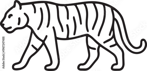 Minimalist tiger line art vector, walking wild cat outline illustration, black and white bengal tiger icon for logo design and branding