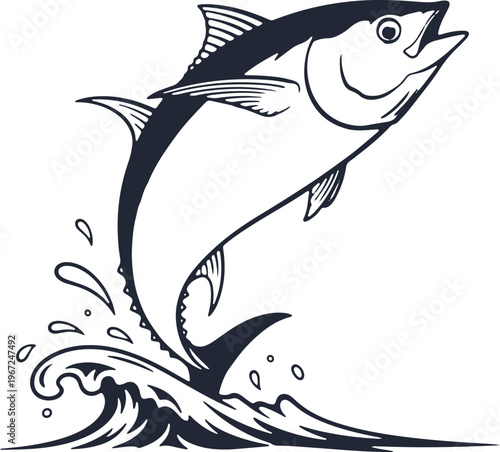 Black and white line art illustration of a large tuna fish leaping out of the ocean waves.