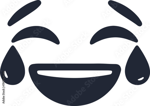 Black and white icon of a laughing emoji face with tears of joy and a wide grinning mouth
