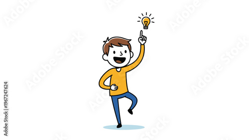Happy stick man having a sudden bright idea as a glowing yellow lightbulb appears above his head in a simple concept sketch.