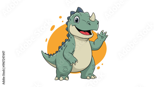 Friendly green dinosaur character with a single horn waves its hand cheerfully in front of a decorative orange circular background element.