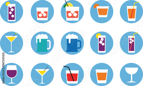Colorful Cocktail and Beverage Icons Set Including Beer, Wine, Juice, and Cocktails in Circular Designs with Ice Cubes